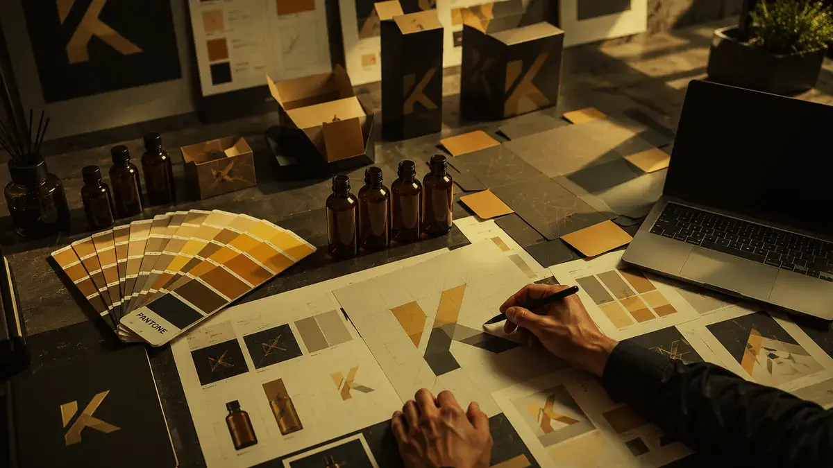 Bàn thiết kế với quạt bảng màu Pantone tông vàng, chai mẫu chưa dán nhãn, hộp bao bì in logo K và các bản in phác thảo hệ thống nhận diện thương hiệu
