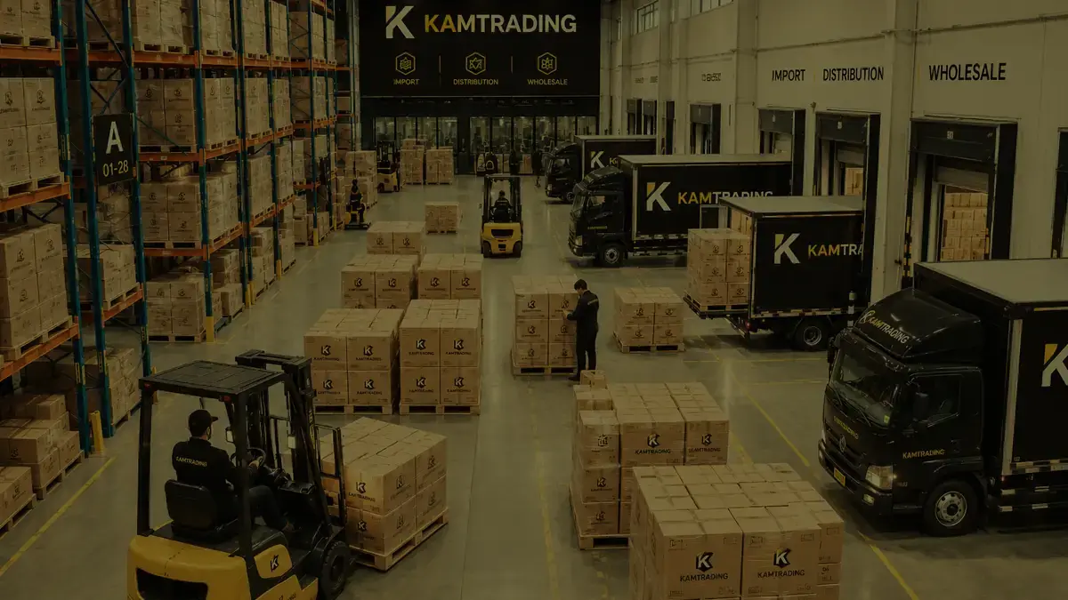 Toàn cảnh kho phân phối KAMTRADING: các dãy kệ chất pallet, xe nâng vận chuyển thùng hàng và đoàn xe tải đang ăn hàng tại cửa dock