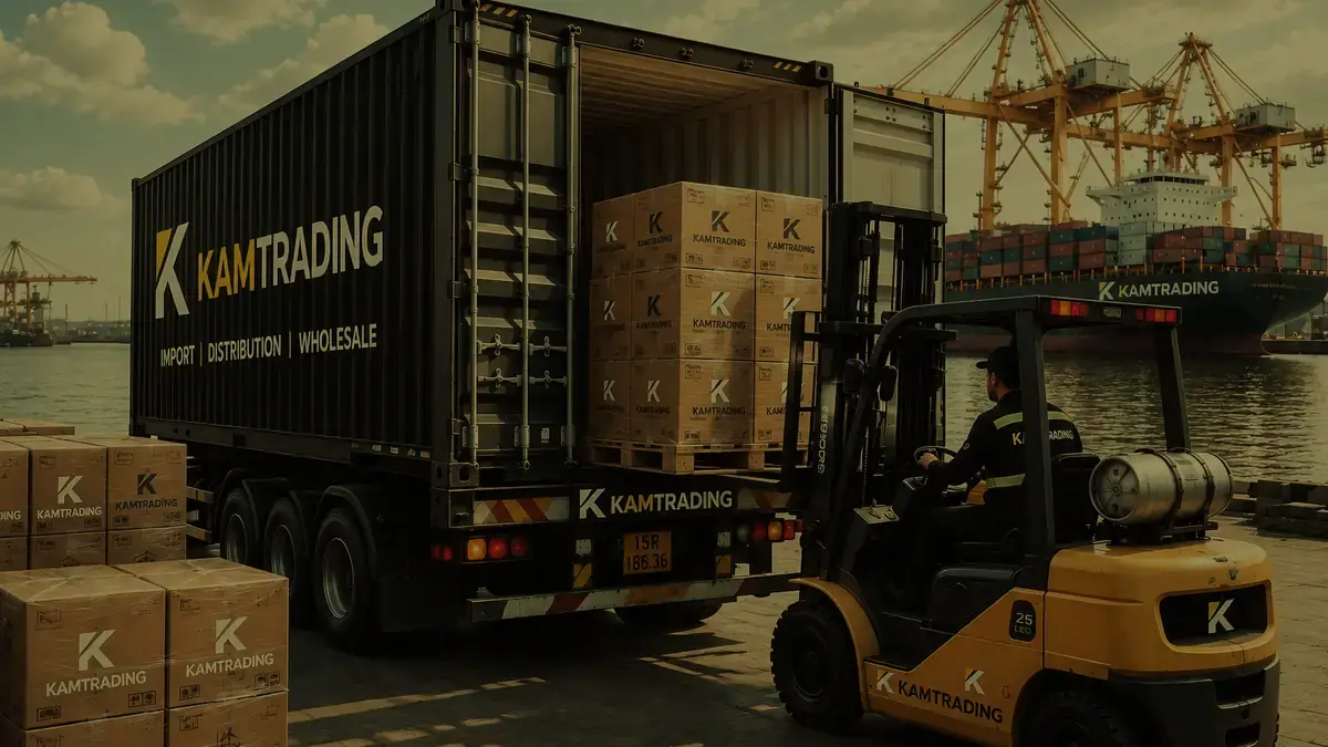 Container KAMTRADING mở cửa tại cảng, xe nâng đưa pallet thùng hàng vào trong, phía sau là cần cẩu giàn và tàu container đang cập bến