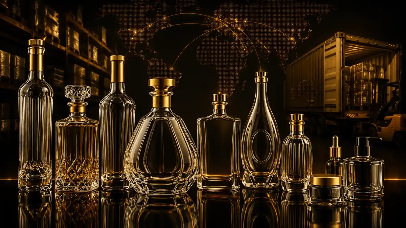 Dãy chai thủy tinh cao cấp không nhãn — chai rượu whisky, vodka, cognac, lọ và hũ thủy tinh — trên mặt đá đen bóng, phía sau là bản đồ thế giới vẽ bằng nét vàng, kệ pallet và container đang bốc hàng