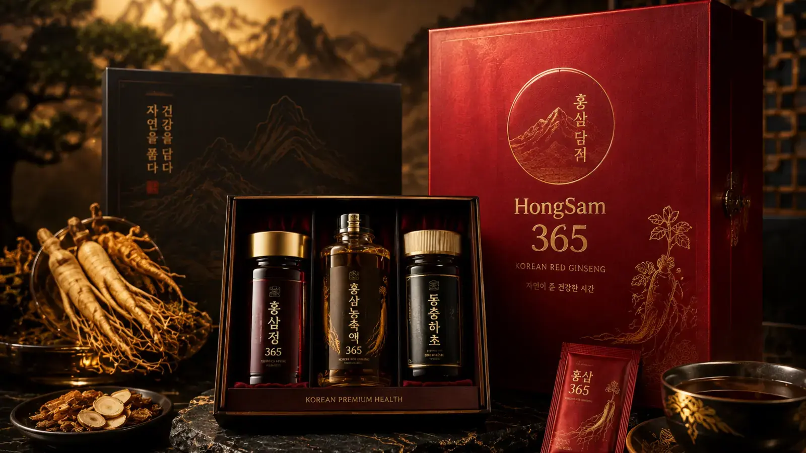 Bộ quà tặng Hồng Sâm 365 trên phiến đá đen — hộp quà đỏ, hũ cao hồng sâm nắp vàng, củ sâm và lát sâm khô, đông trùng hạ thảo trong lọ thủy tinh, phía sau là tranh núi Hàn Quốc