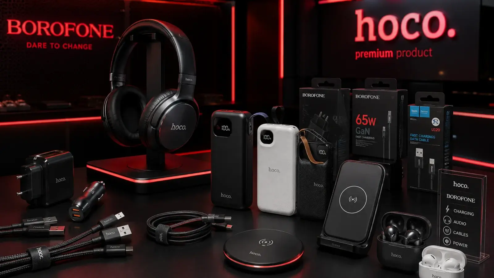 Bộ phụ kiện công nghệ hoco và BOROFONE trên bệ đen — tai nghe chụp tai, tai nghe không dây, củ sạc nhanh, cáp bện, pin dự phòng và đế sạc không dây — dưới dải đèn LED đỏ của showroom