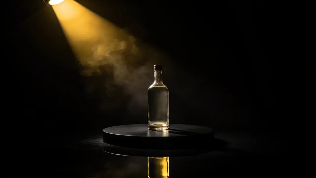 Một chai thủy tinh cao cấp chưa dán nhãn đặt trên bệ tròn màu đen dưới luồng đèn vàng, khói mỏng bay qua luồng sáng
