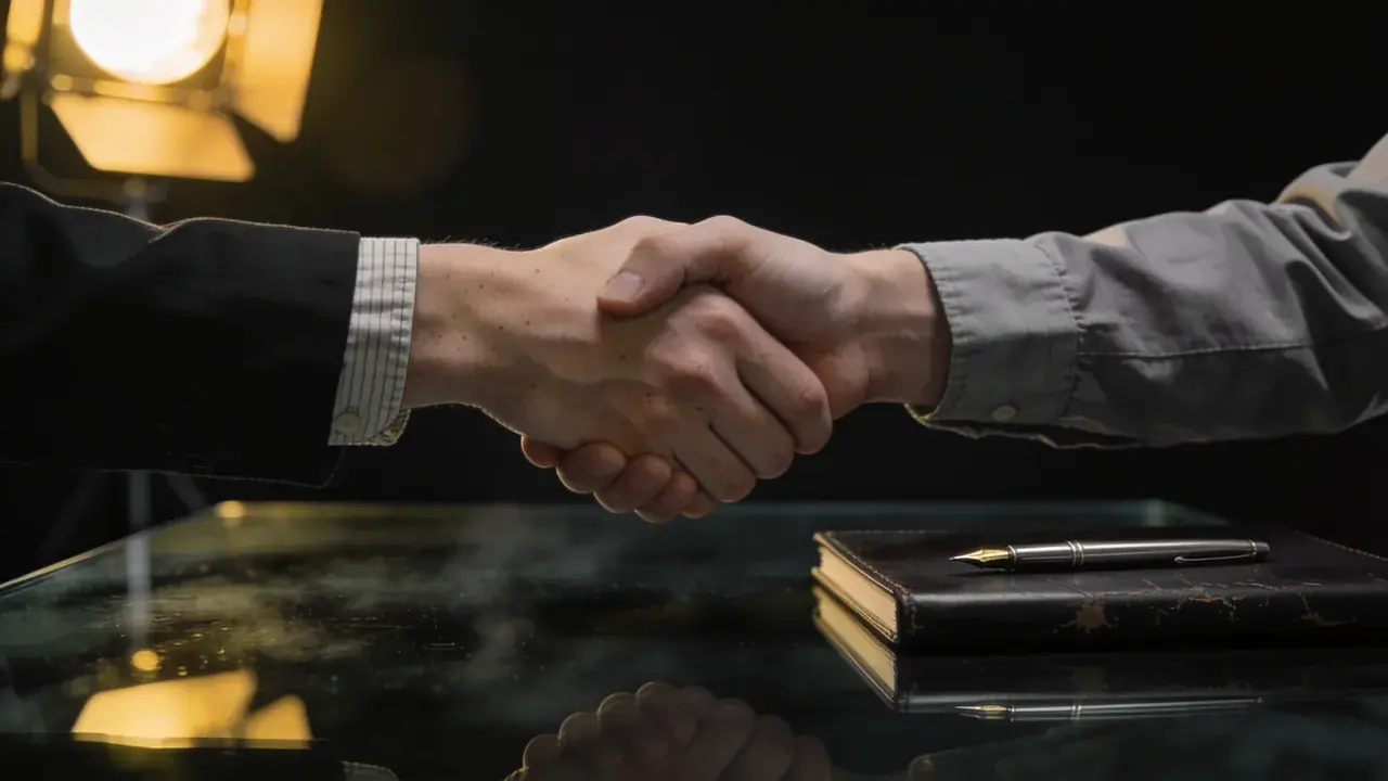 Hai bàn tay bắt tay trên mặt bàn họp kính tối, bên cạnh là bìa hồ sơ da và một cây bút máy