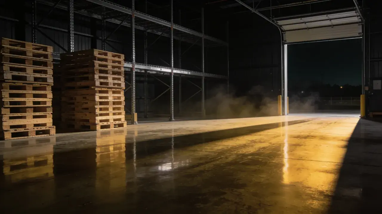 Kho phân phối mới hoàn thiện trong đêm, các chồng pallet gỗ xếp ngay ngắn và cửa dock mở ra ngoài trời tối