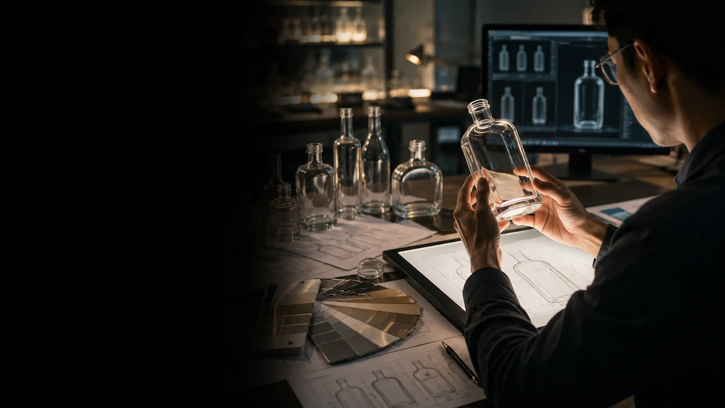 Bàn phát triển sản phẩm trong phòng lab tối, các mẫu chai thủy tinh chưa dán nhãn và bàn tay kỹ sư đang soi một mẫu chai dưới ánh sáng