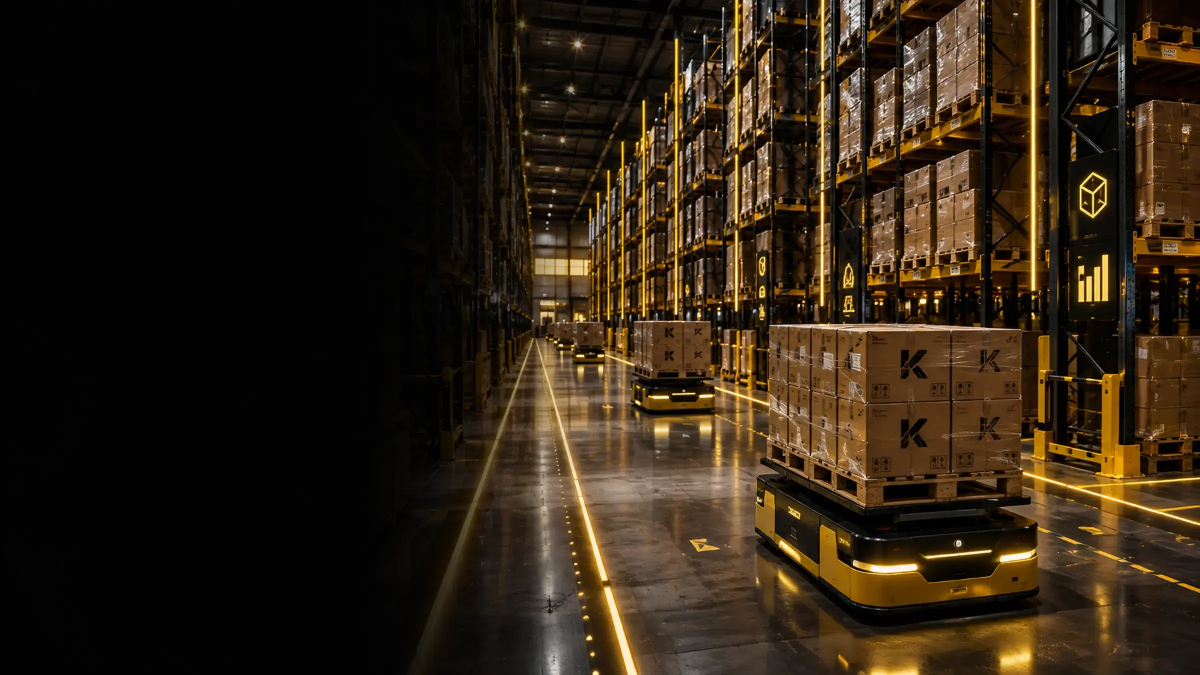 Lối đi giữa hai dãy kệ hàng cao trong kho tự động, xe tự hành chở pallet di chuyển dưới các dải đèn LED vàng